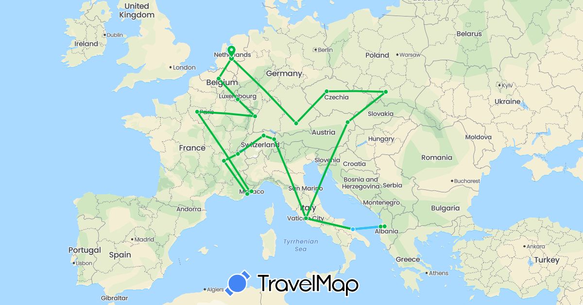TravelMap itinerary: driving, bus, boat in Albania, Austria, Belgium, Switzerland, Czech Republic, Germany, France, Italy, Liechtenstein, Luxembourg, Monaco, Netherlands, Poland (Europe)
